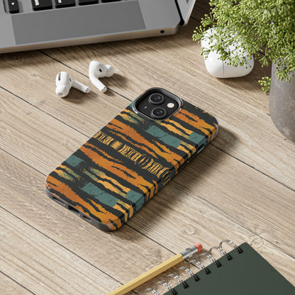 Tiger Stripe Tough Phone Case — Rugged Protective iPhone Cover with Amber & Teal Brushstroke Pattern