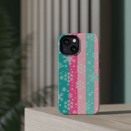 Snowflake Striped Magnetic Impact-Resistant Phone Case — Pink & Teal Winter Design