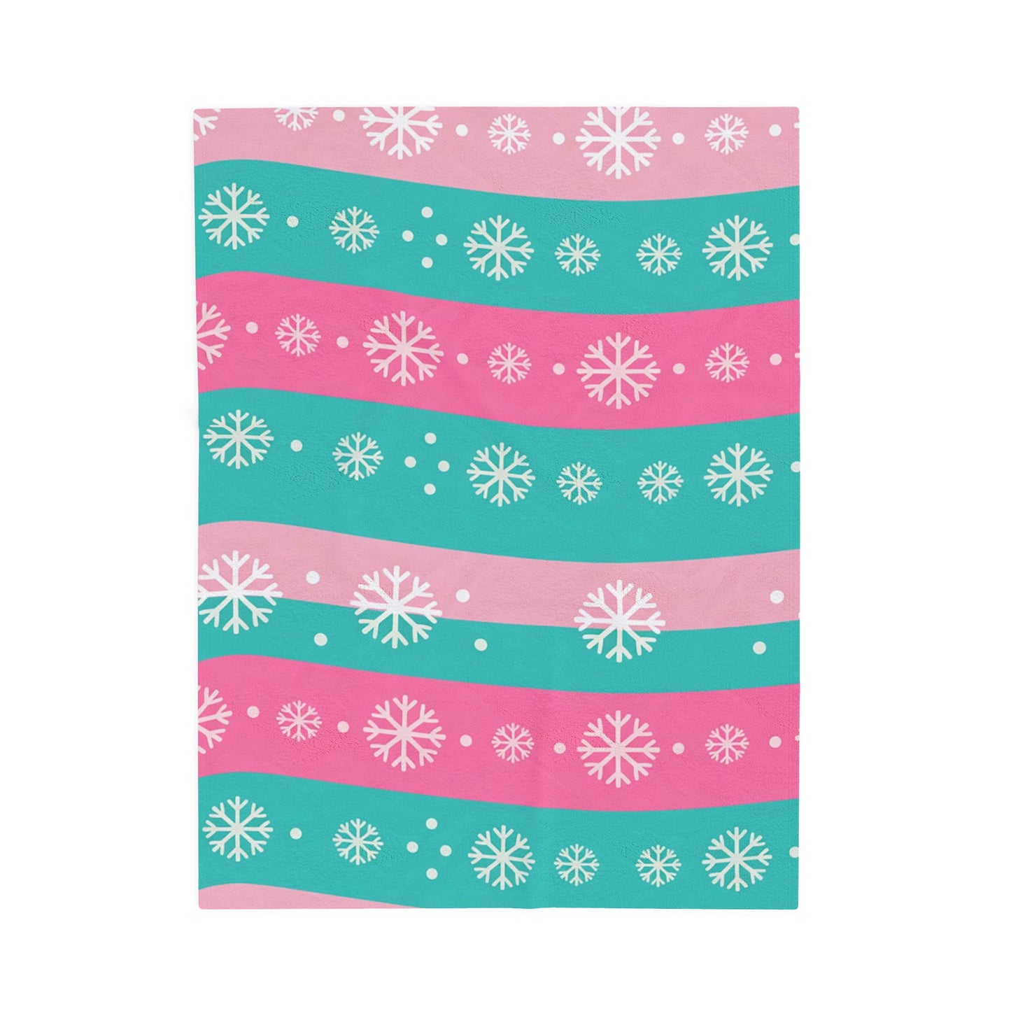 Snowflake Stripe Plush Blanket — Teal & Pink Velveteen Throw