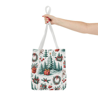 Festive Holiday Tote Bag with Christmas Trees and Gifts