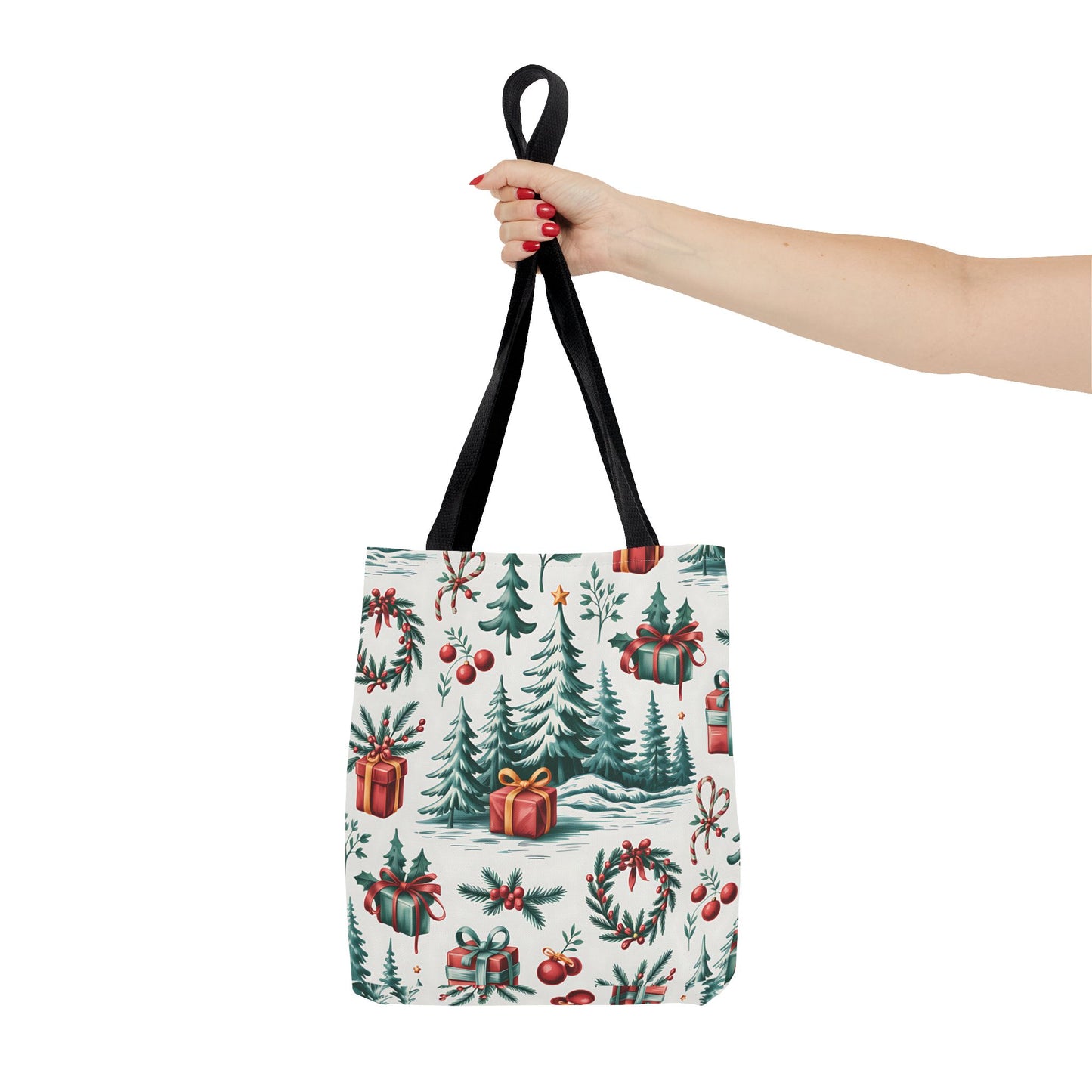 Festive Holiday Tote Bag with Christmas Trees and Gifts