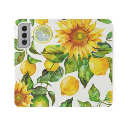 Sunflower & Lemon Flip Phone Case – Floral Wallet Flip Case with Card Slots