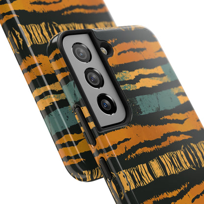 Tiger Stripe Tough Phone Case — Rugged Protective iPhone Cover with Amber & Teal Brushstroke Pattern