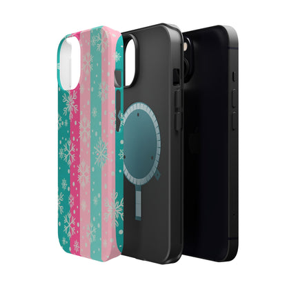 Snowflake Striped Magnetic Impact-Resistant Phone Case — Pink & Teal Winter Design