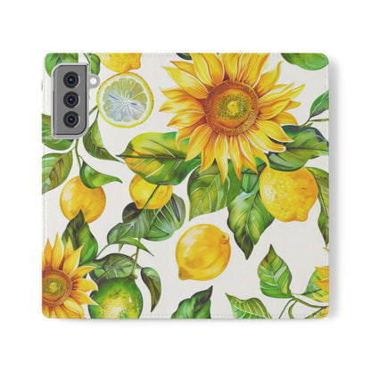 Sunflower & Lemon Flip Phone Case – Floral Wallet Flip Case with Card Slots
