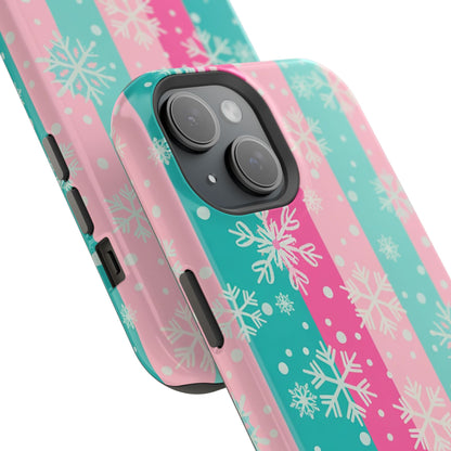 Snowflake Striped Magnetic Impact-Resistant Phone Case — Pink & Teal Winter Design