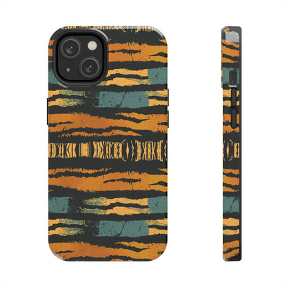 Tiger Stripe Tough Phone Case — Rugged Protective iPhone Cover with Amber & Teal Brushstroke Pattern