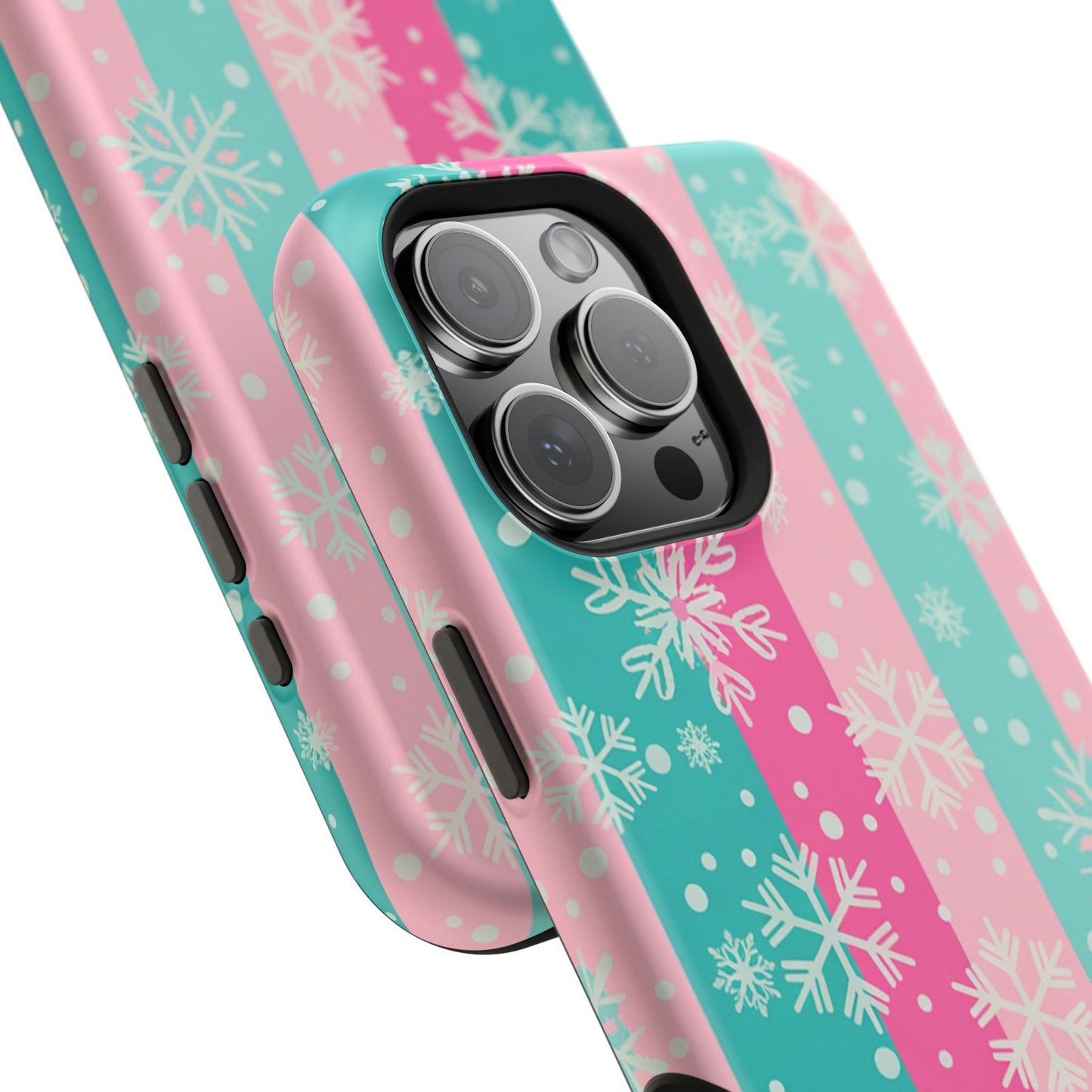 Snowflake Striped Magnetic Impact-Resistant Phone Case — Pink & Teal Winter Design