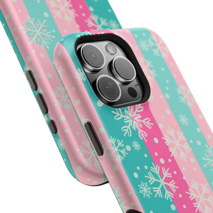 Snowflake Striped Magnetic Impact-Resistant Phone Case — Pink & Teal Winter Design