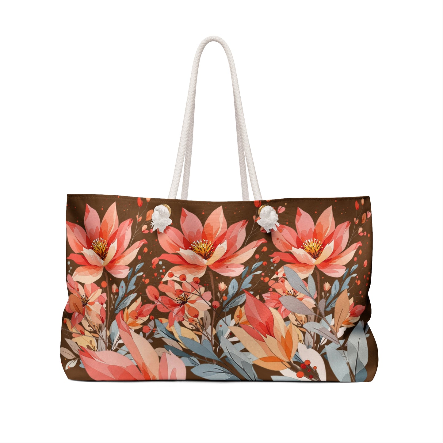 Floral Lotus Weekender Bag – Coral & Brown Travel Tote