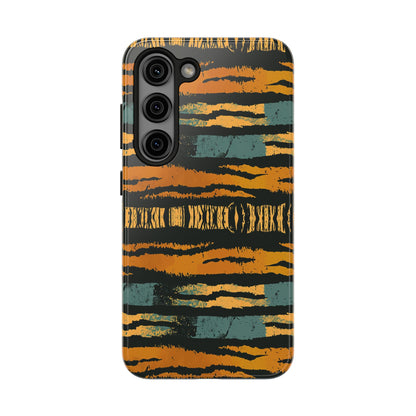Tiger Stripe Tough Phone Case — Rugged Protective iPhone Cover with Amber & Teal Brushstroke Pattern