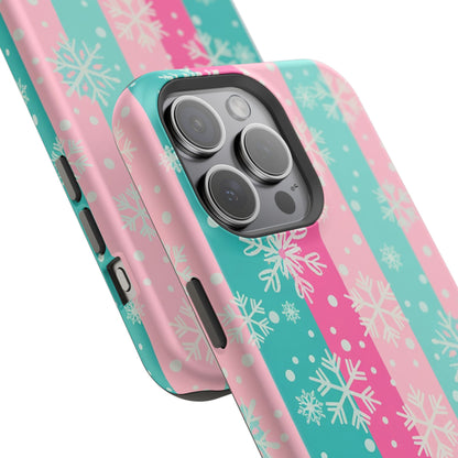 Snowflake Striped Magnetic Impact-Resistant Phone Case — Pink & Teal Winter Design