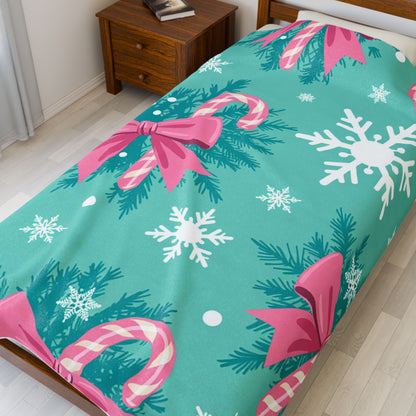Christmas Candy Cane Plush Blanket — Teal Snowflake Velveteen Throw