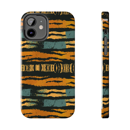 Tiger Stripe Tough Phone Case — Rugged Protective iPhone Cover with Amber & Teal Brushstroke Pattern
