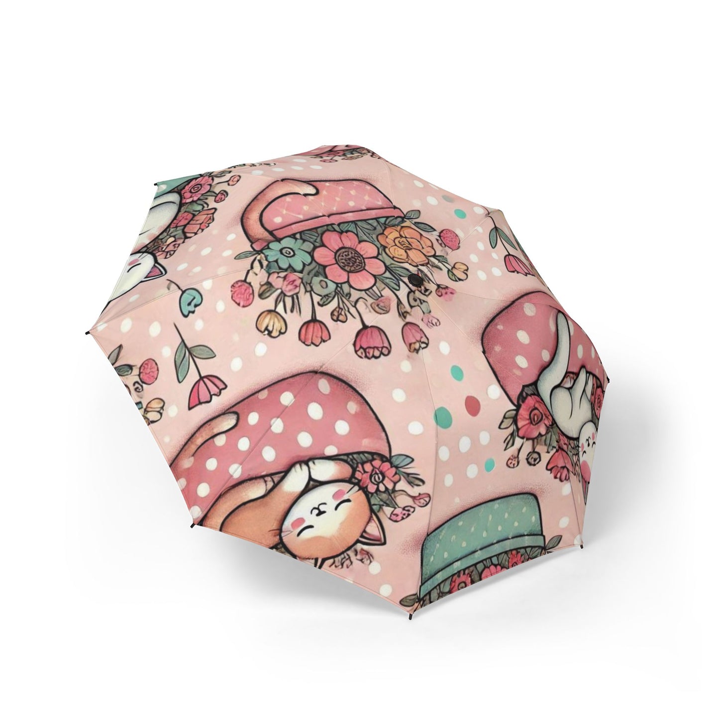 Cute Floral Mushroom Cat Foldable Umbrella – Pink Semi-Automatic Rain Parasol