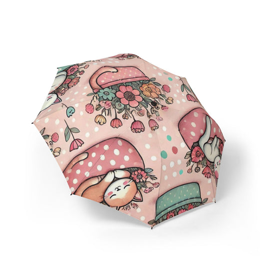 Cute Floral Mushroom Cat Foldable Umbrella – Pink Semi-Automatic Rain Parasol