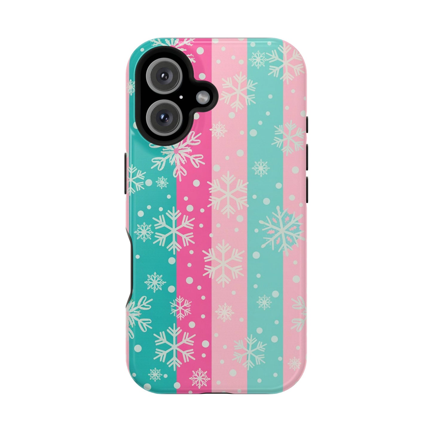 Snowflake Striped Magnetic Impact-Resistant Phone Case — Pink & Teal Winter Design