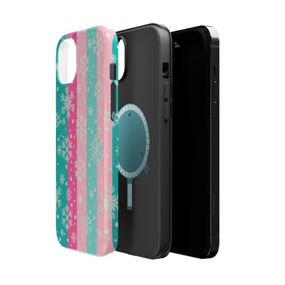Snowflake Striped Magnetic Impact-Resistant Phone Case — Pink & Teal Winter Design