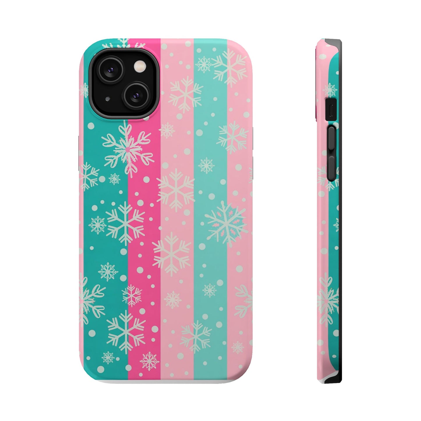 Snowflake Striped Magnetic Impact-Resistant Phone Case — Pink & Teal Winter Design
