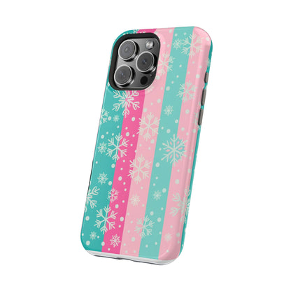 Snowflake Striped Magnetic Impact-Resistant Phone Case — Pink & Teal Winter Design