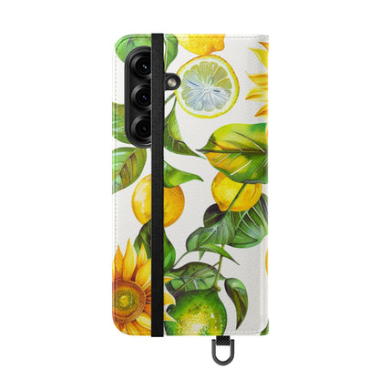 Sunflower & Lemon Flip Phone Case – Floral Wallet Flip Case with Card Slots