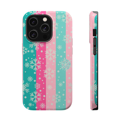 Snowflake Striped Magnetic Impact-Resistant Phone Case — Pink & Teal Winter Design
