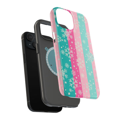 Snowflake Striped Magnetic Impact-Resistant Phone Case — Pink & Teal Winter Design