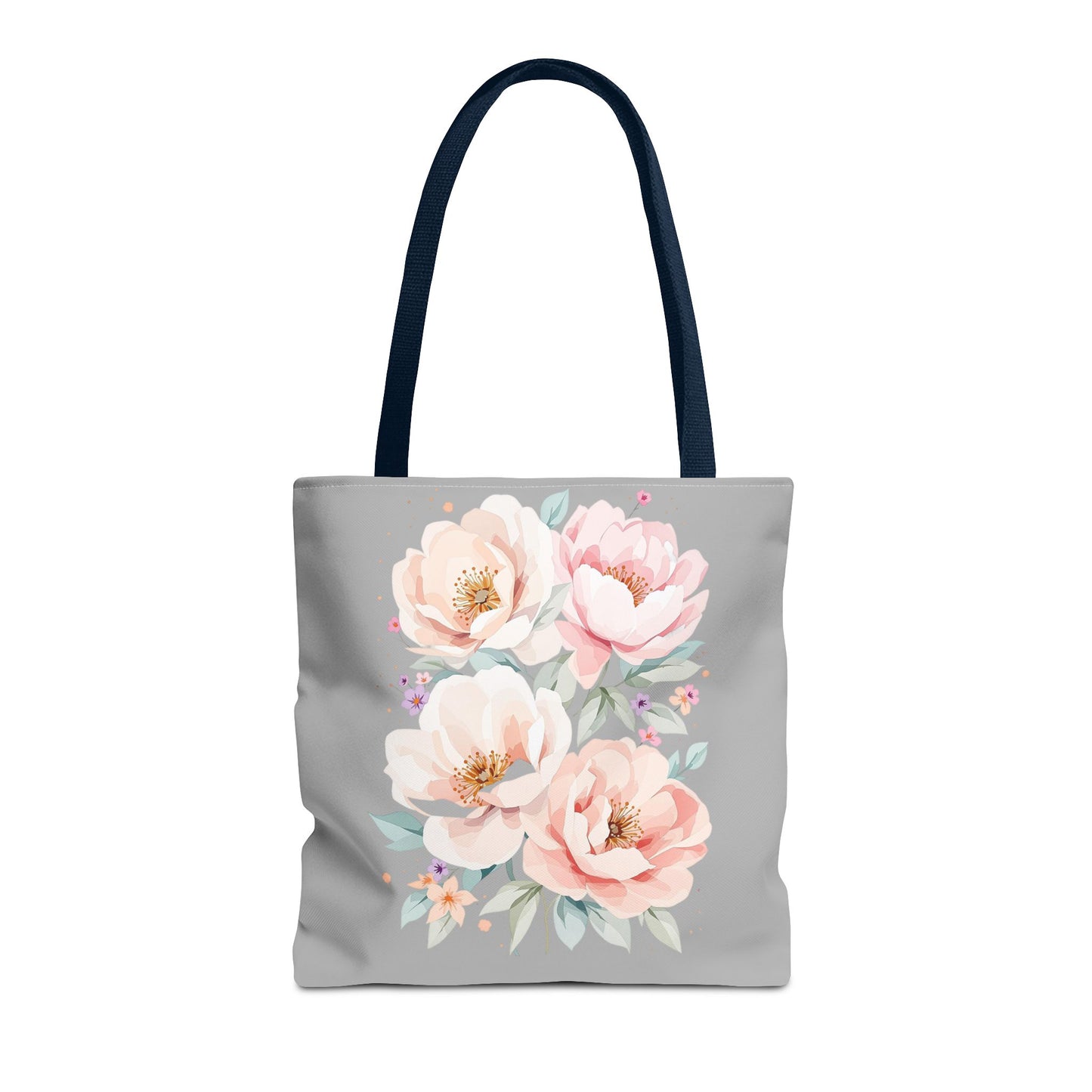 Floral Peony Tote Bag — Pink Watercolor Flowers on Grey