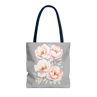 Floral Peony Tote Bag — Pink Watercolor Flowers on Grey
