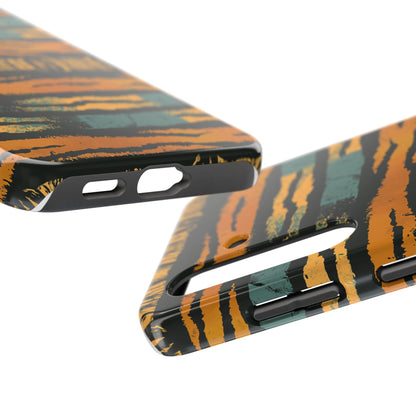 Tiger Stripe Tough Phone Case — Rugged Protective iPhone Cover with Amber & Teal Brushstroke Pattern
