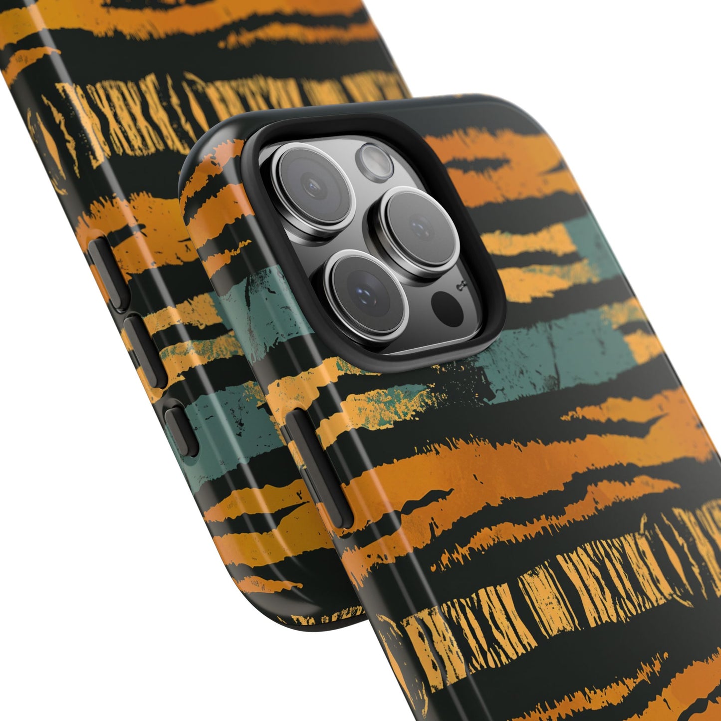 Tiger Stripe Tough Phone Case — Rugged Protective iPhone Cover with Amber & Teal Brushstroke Pattern