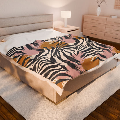Velveteen Plush Blanket – Pink & Mustard Abstract Zebra Print Cozy Throw