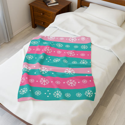 Snowflake Stripe Plush Blanket — Teal & Pink Velveteen Throw