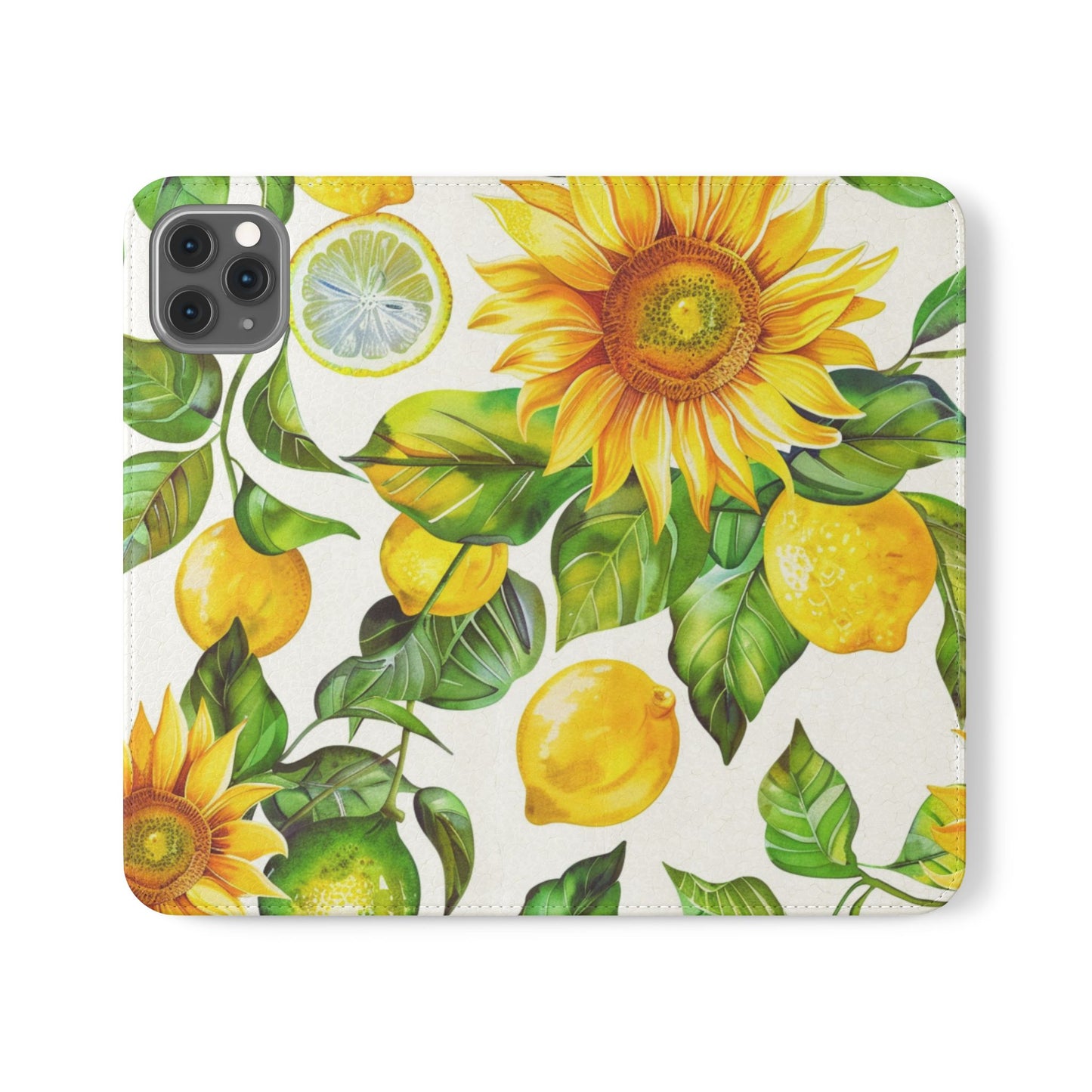 Sunflower & Lemon Flip Phone Case – Floral Wallet Flip Case with Card Slots