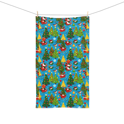 Festive Christmas Hand Towel for Kitchen or Bathroom, Holiday Decor, Gift for Mom, Santa and Christmas Trees Design