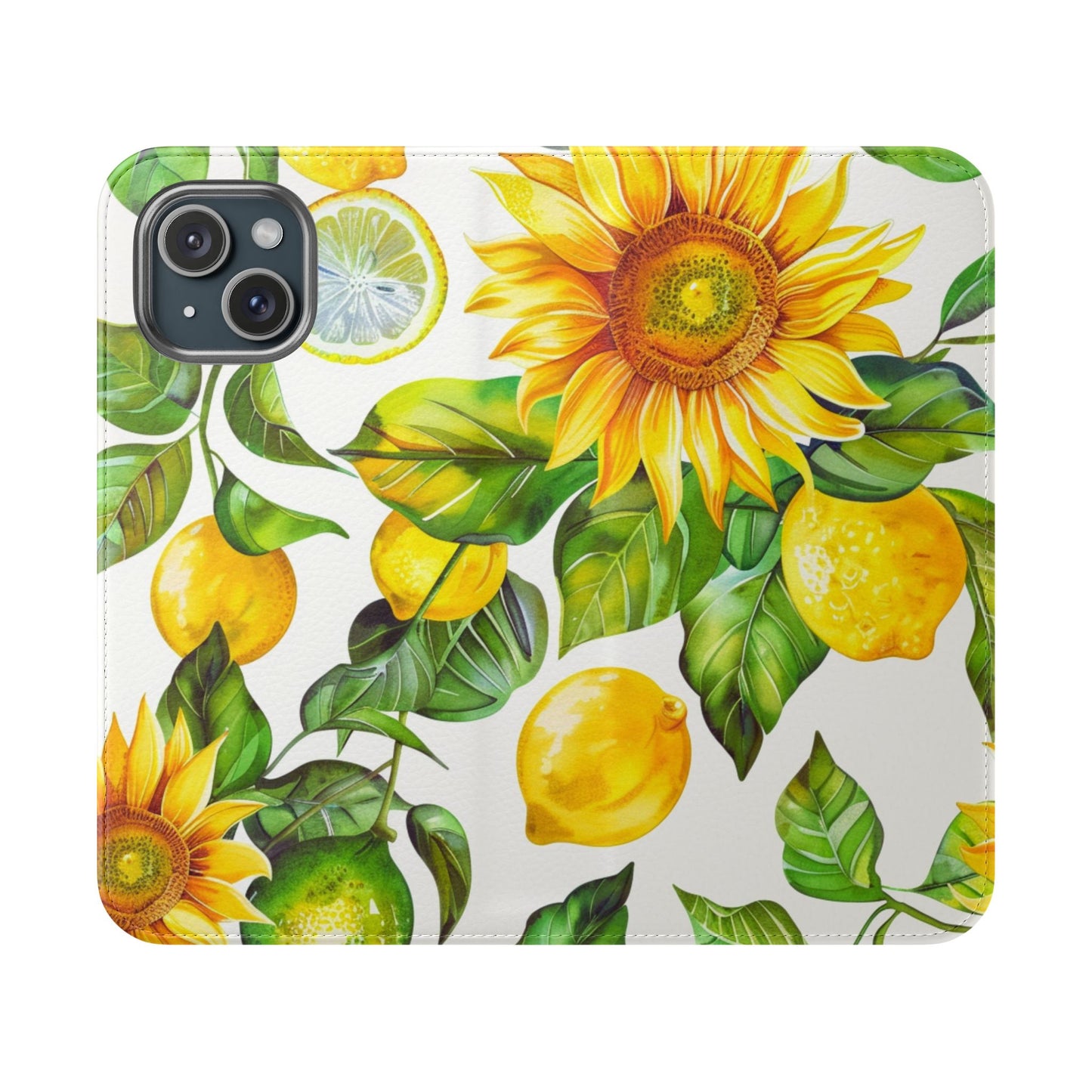 Sunflower & Lemon Flip Phone Case – Floral Wallet Flip Case with Card Slots