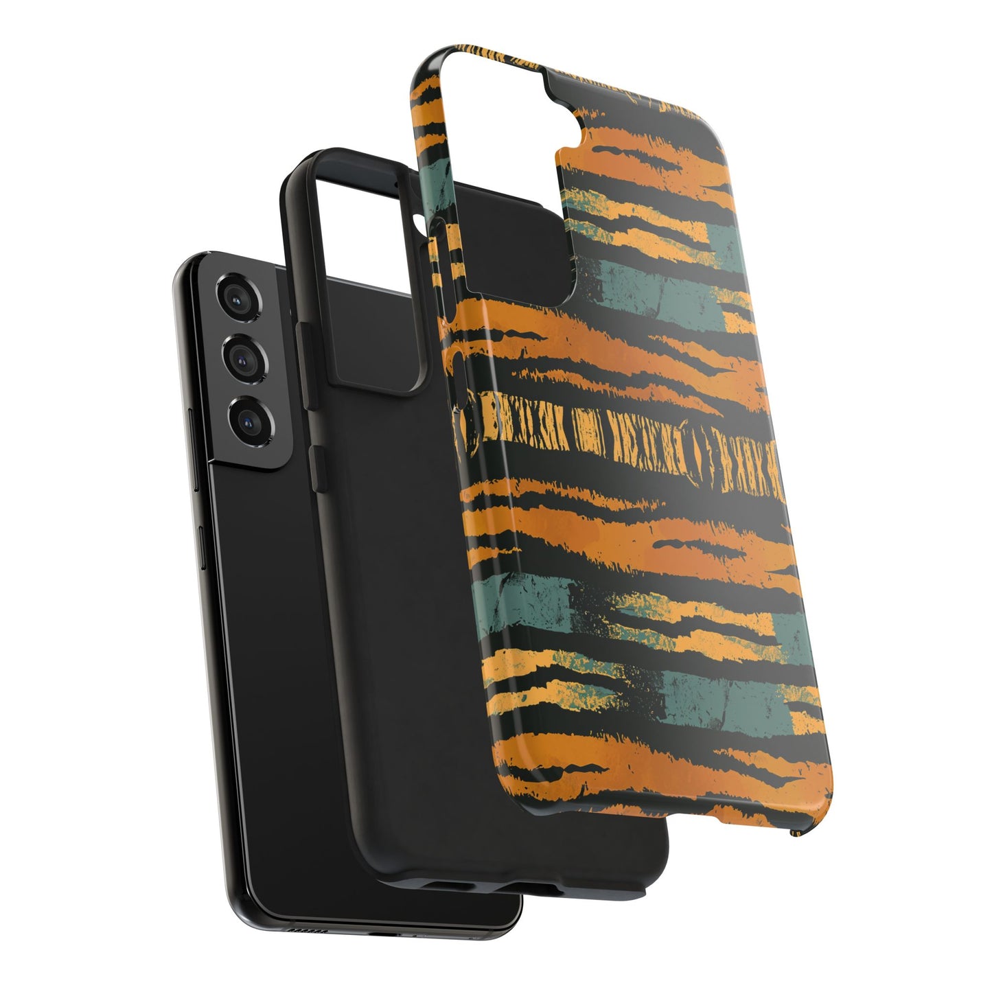 Tiger Stripe Tough Phone Case — Rugged Protective iPhone Cover with Amber & Teal Brushstroke Pattern
