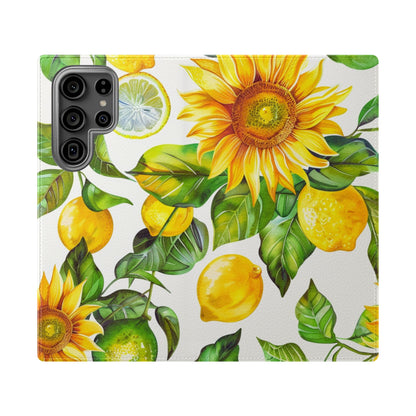 Sunflower & Lemon Flip Phone Case – Floral Wallet Flip Case with Card Slots