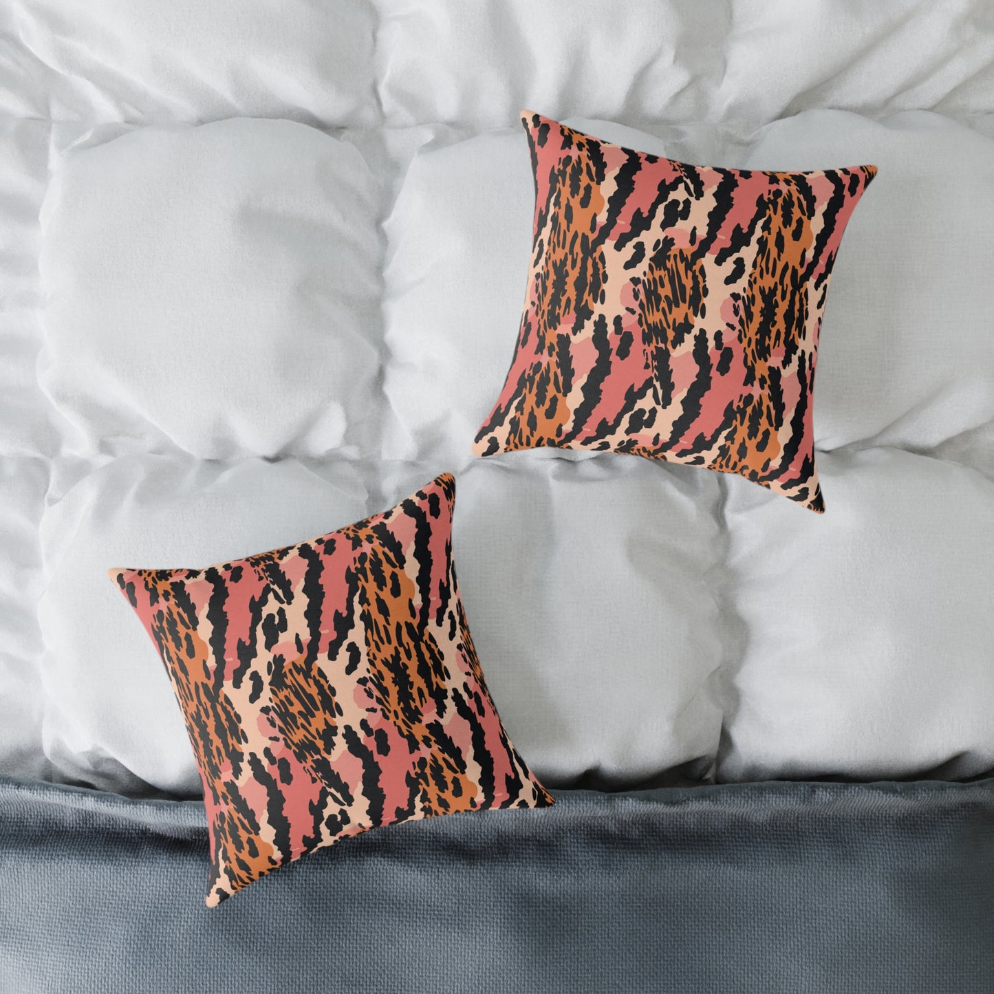 Leopard Print Square Pillow — Pink & Orange Animal Print Decorative Cushion