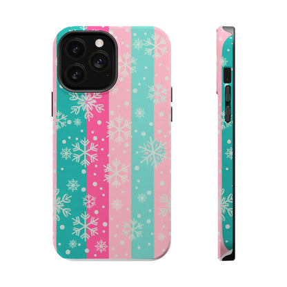 Snowflake Striped Magnetic Impact-Resistant Phone Case — Pink & Teal Winter Design