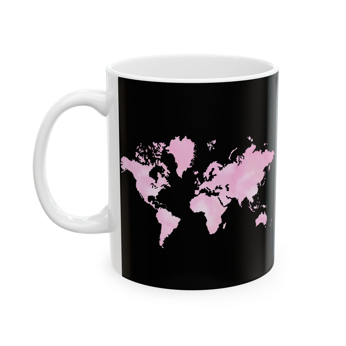 World Map Pink Splash Ceramic Mug — Black Travel Coffee Cup (11oz & 15oz)