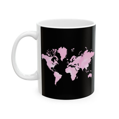 World Map Pink Splash Ceramic Mug — Black Travel Coffee Cup (11oz & 15oz)
