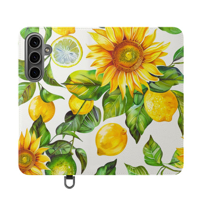 Sunflower & Lemon Flip Phone Case – Floral Wallet Flip Case with Card Slots