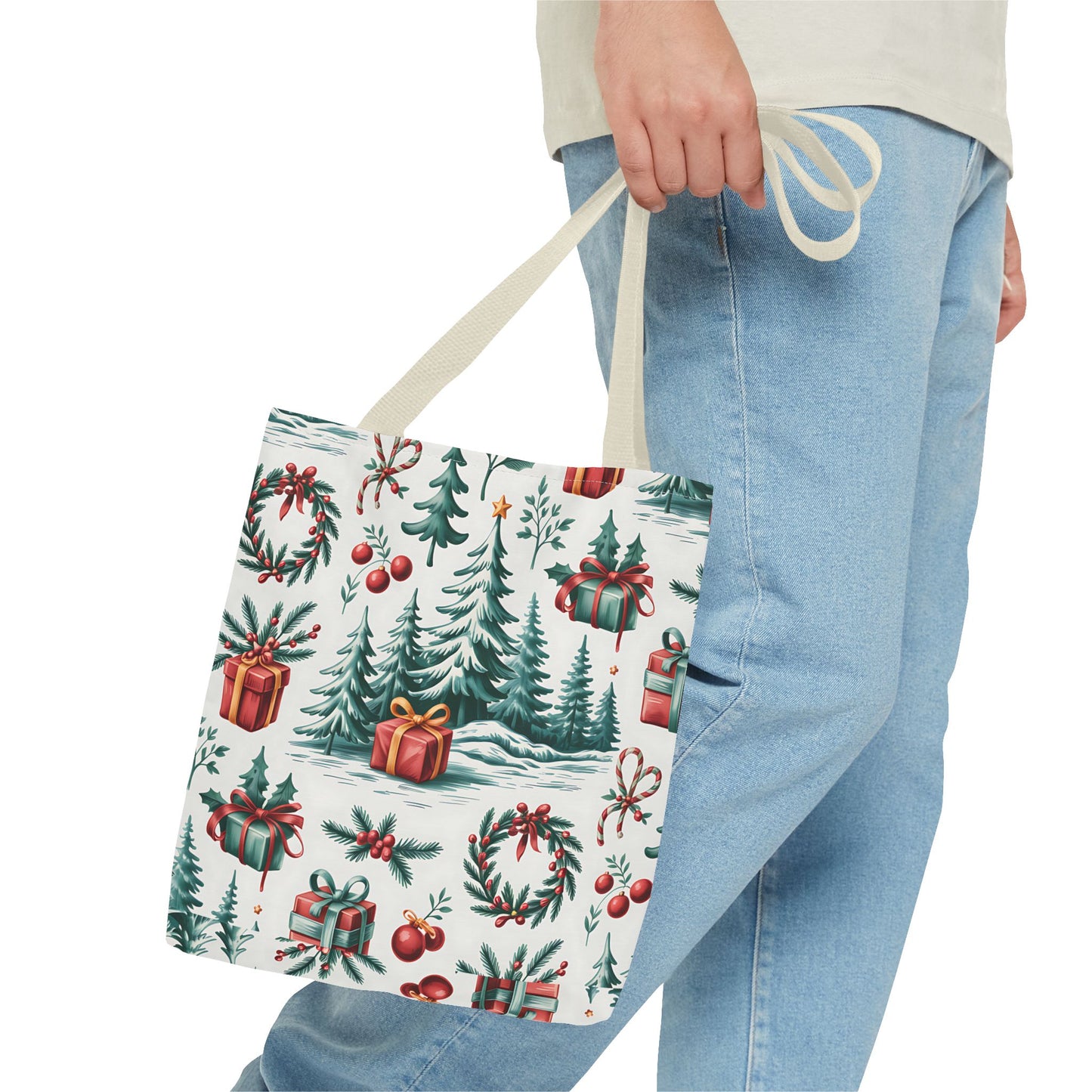 Festive Holiday Tote Bag with Christmas Trees and Gifts