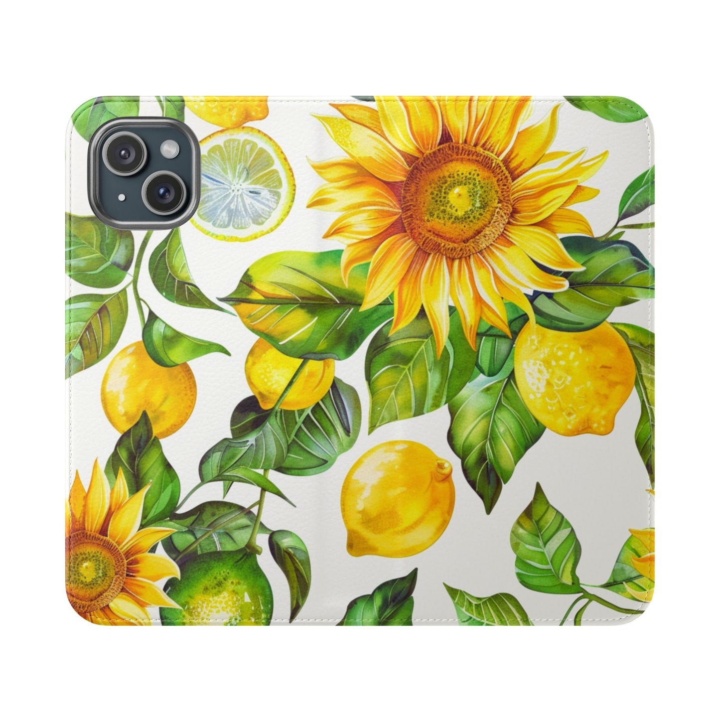 Sunflower & Lemon Flip Phone Case – Floral Wallet Flip Case with Card Slots