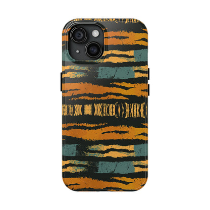 Tiger Stripe Tough Phone Case — Rugged Protective iPhone Cover with Amber & Teal Brushstroke Pattern