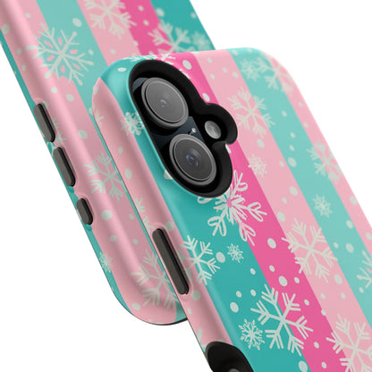 Snowflake Striped Magnetic Impact-Resistant Phone Case — Pink & Teal Winter Design
