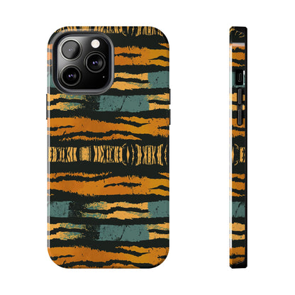 Tiger Stripe Tough Phone Case — Rugged Protective iPhone Cover with Amber & Teal Brushstroke Pattern
