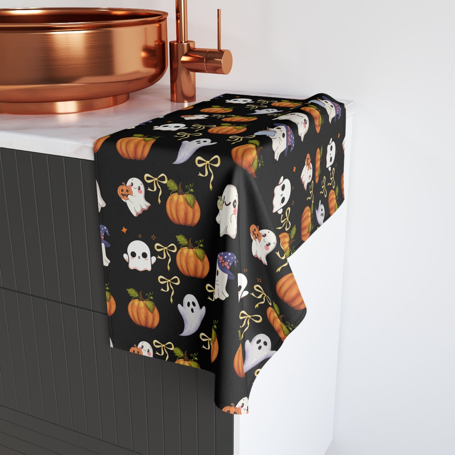 Halloween-Themed Hand Towel, Spooky Kitchen Decor, Ghost Pumpkin Towel, Holiday Gift, Farmhouse Style