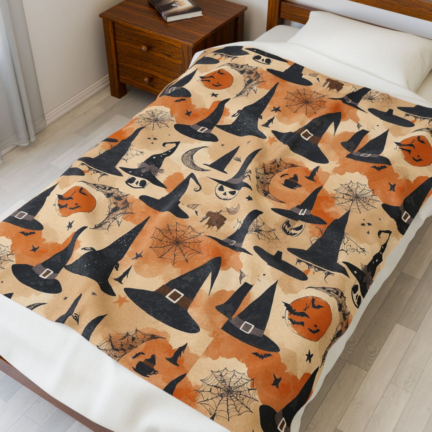 Halloween Witchy Velveteen Plush Blanket, Cozy Fall Throw, Pumpkin Spice Decor, Haunted House Gift, Seasonal Home Accessory